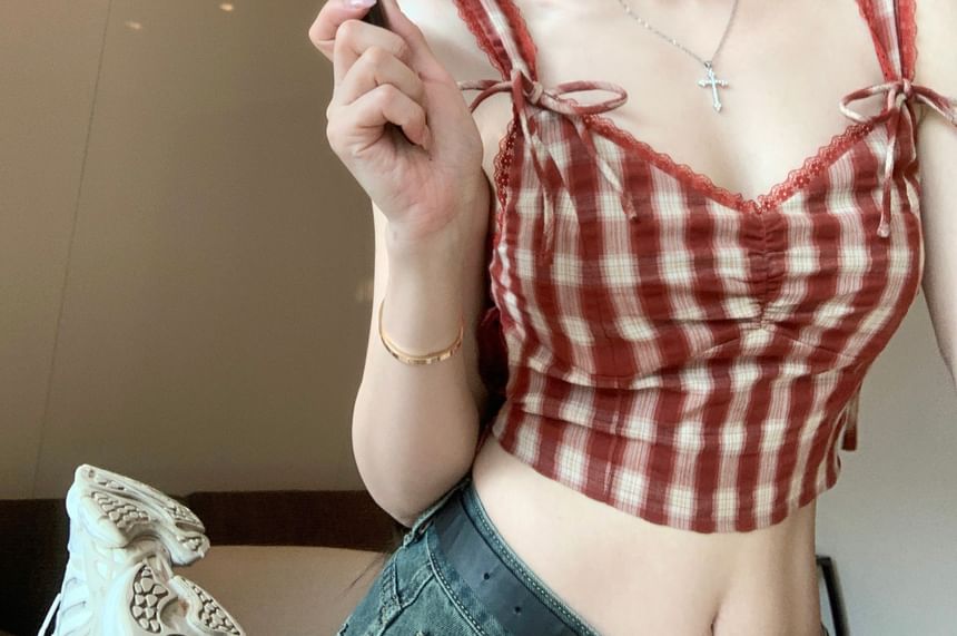 Plaid V-Neck Bow Cami Top Crop