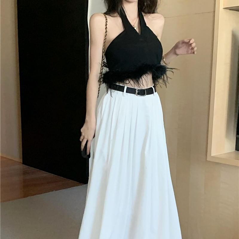 Feather Maxi Halter A-Line Waist High / Skirt Crop Pleated Trim Plain Top