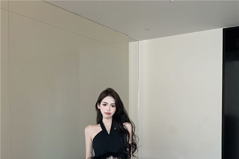 Feather Maxi Halter A-Line Waist High / Skirt Crop Pleated Trim Plain Top