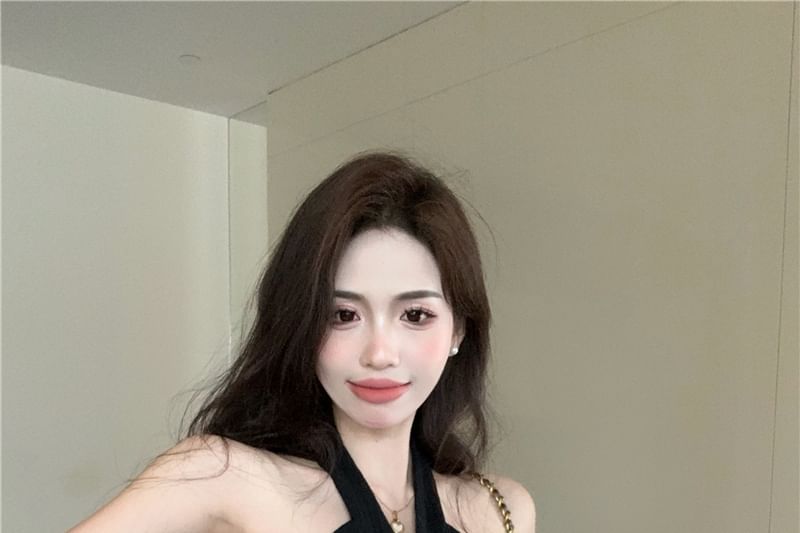 Feather Maxi Halter A-Line Waist High / Skirt Crop Pleated Trim Plain Top