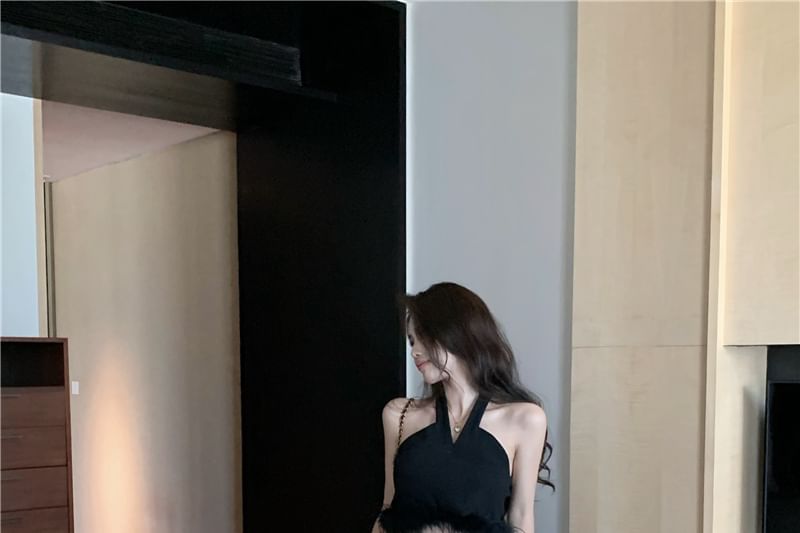 Feather Maxi Halter A-Line Waist High / Skirt Crop Pleated Trim Plain Top