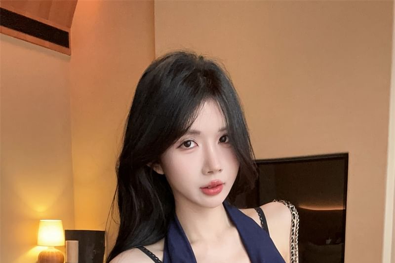 Camisole Halter Lace V-Neck Panel / Neck Cowl Plain Top