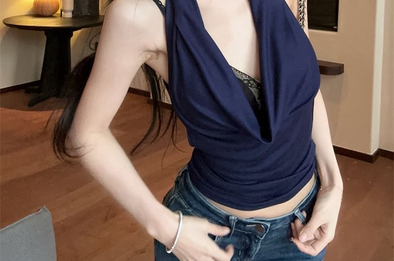 Camisole Halter Lace V-Neck Panel / Neck Cowl Plain Top