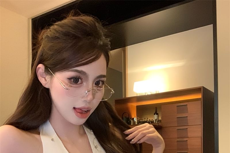 Rhinestone Plain Halter Top V-Neck