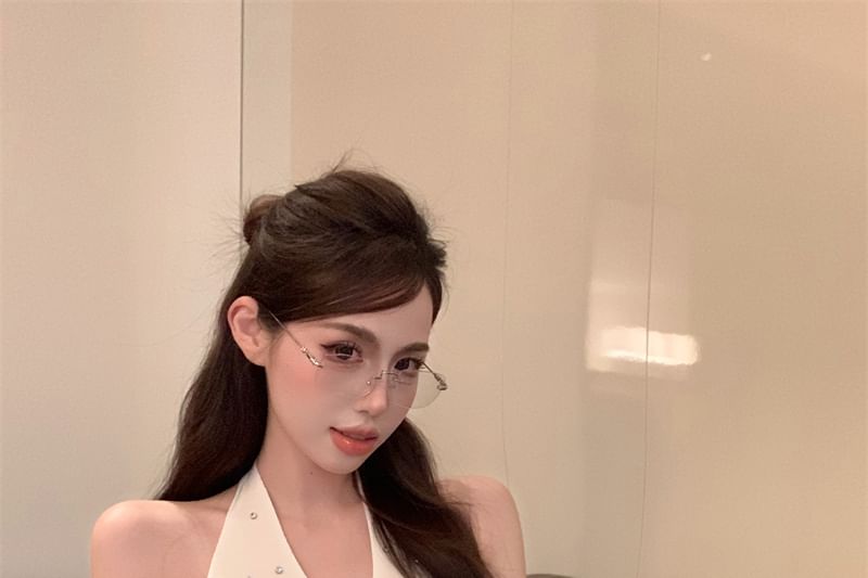 Rhinestone Plain Halter Top V-Neck