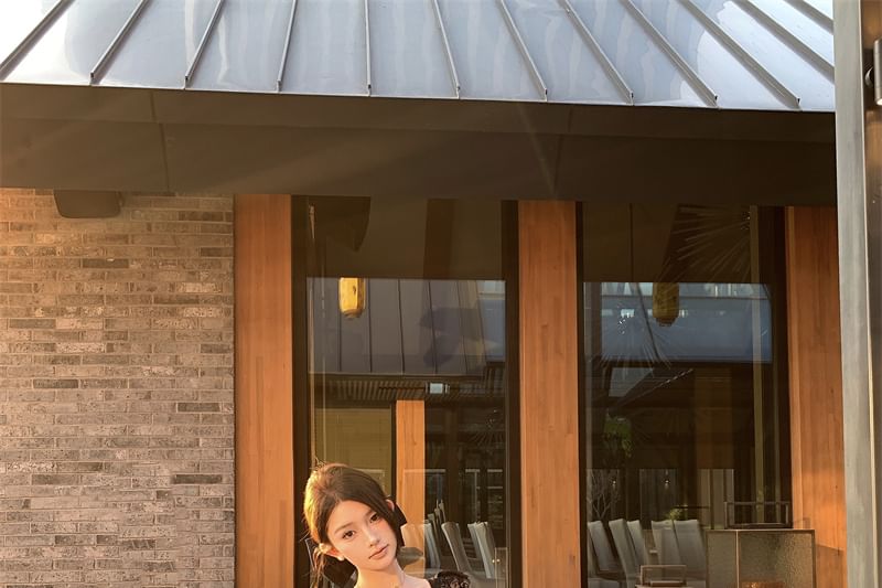 V-Neck Waist Skirt Sleeveless Top Lace High / Panel Plain Fishtail Crop Maxi