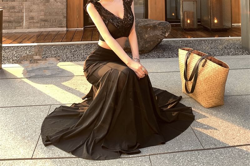 V-Neck Waist Skirt Sleeveless Top Lace High / Panel Plain Fishtail Crop Maxi