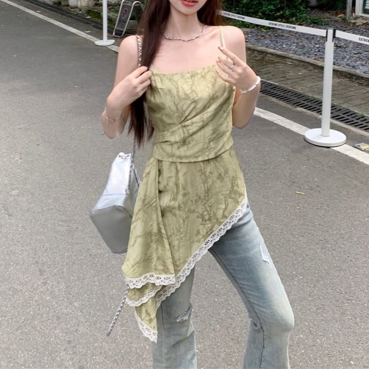 Trim Patterned Asymmetrical Print Camisole Top Lace