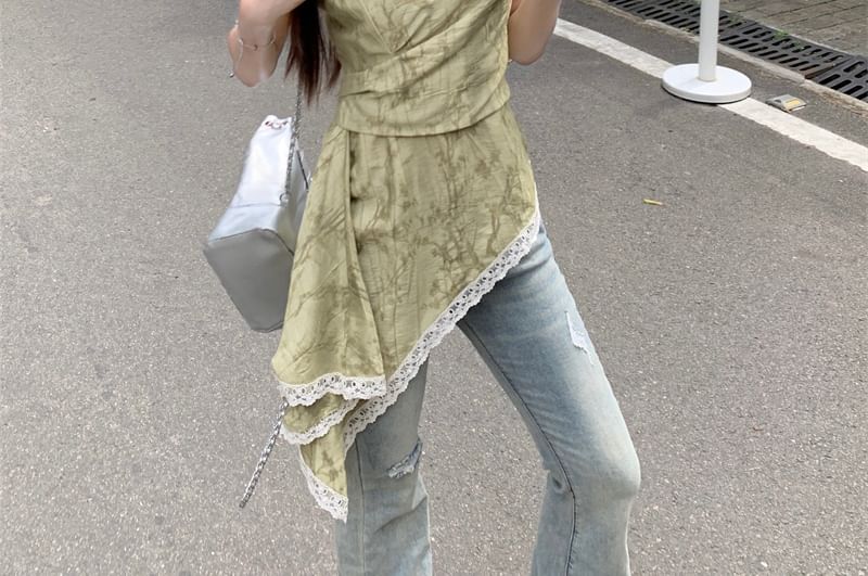 Trim Patterned Asymmetrical Print Camisole Top Lace