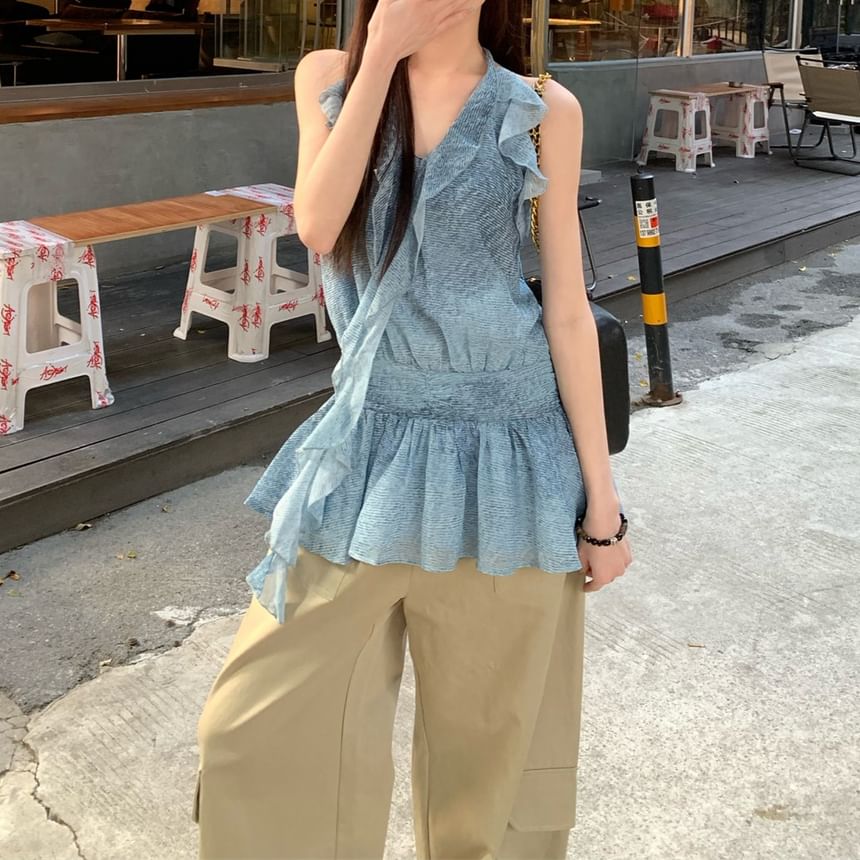 Plain Leg Ruffle Patterned Wide / Pants Halter Print Cargo Waist High Top