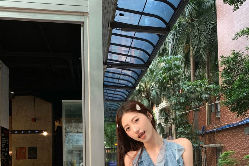 Plain Leg Ruffle Patterned Wide / Pants Halter Print Cargo Waist High Top