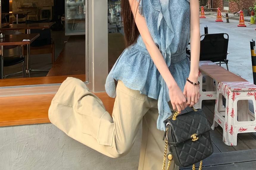 Plain Leg Ruffle Patterned Wide / Pants Halter Print Cargo Waist High Top