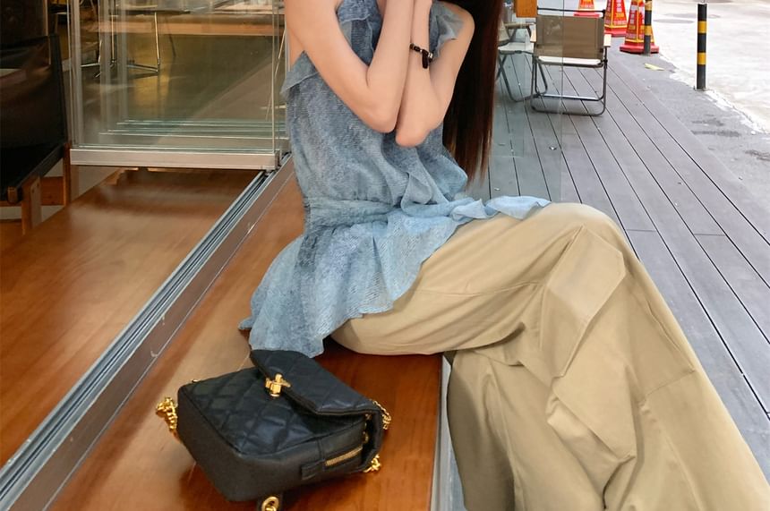 Plain Leg Ruffle Patterned Wide / Pants Halter Print Cargo Waist High Top