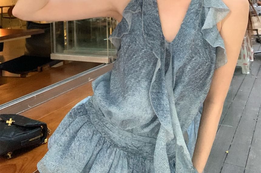 Plain Leg Ruffle Patterned Wide / Pants Halter Print Cargo Waist High Top