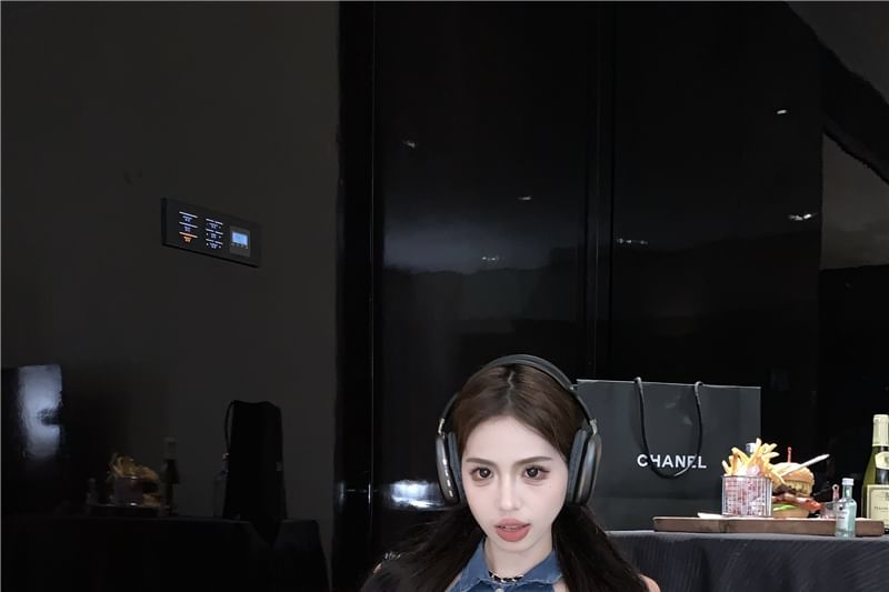 Collared Skirt Mini Button Crop High / Vest Pencil Washed Waist Denim