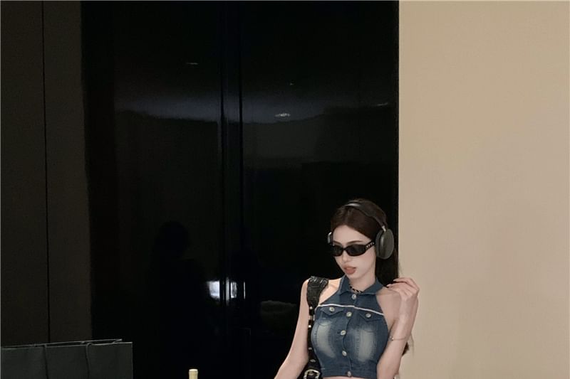 Collared Skirt Mini Button Crop High / Vest Pencil Washed Waist Denim