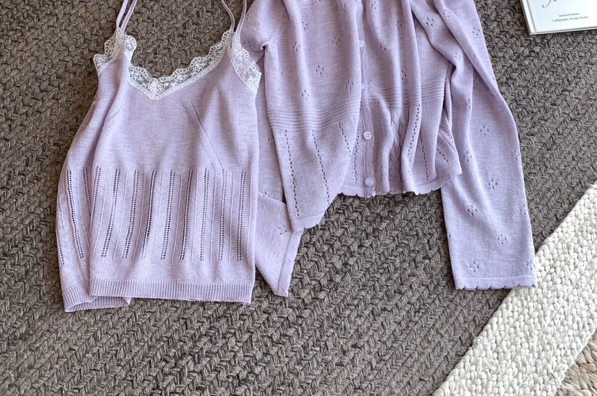 Plain V-Neck Lace Neck Camisole Top Cardigan Knit + Round Trim Set: