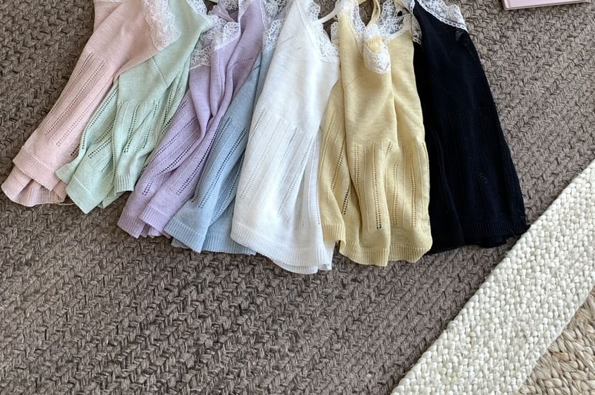 Plain V-Neck Lace Neck Camisole Top Cardigan Knit + Round Trim Set: