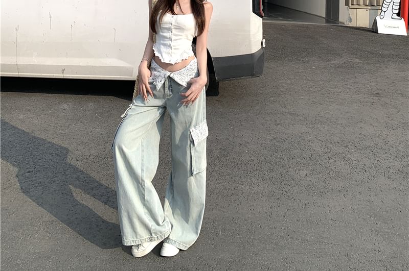 Cargo / Lace Cami Wide Mid Waist Button Plain Top Jeans Washed Panel Leg