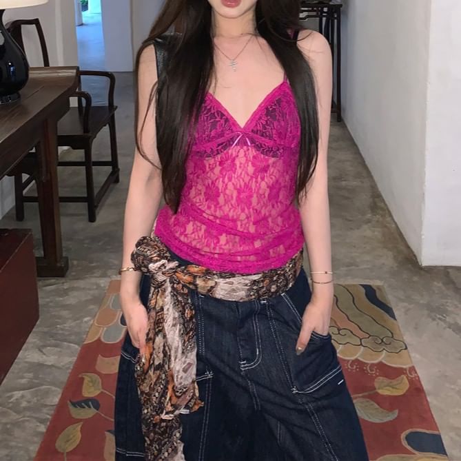 Lace Camisole Bow Plain V-Neck Top