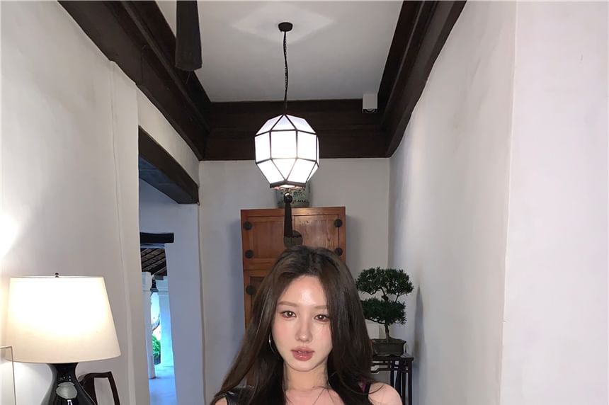 Lace Camisole Bow Plain V-Neck Top