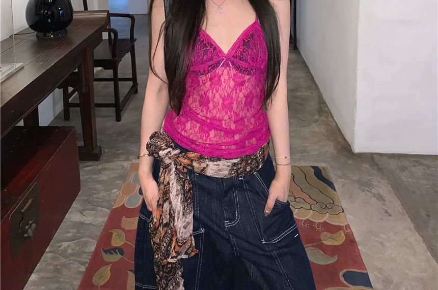 Lace Camisole Bow Plain V-Neck Top