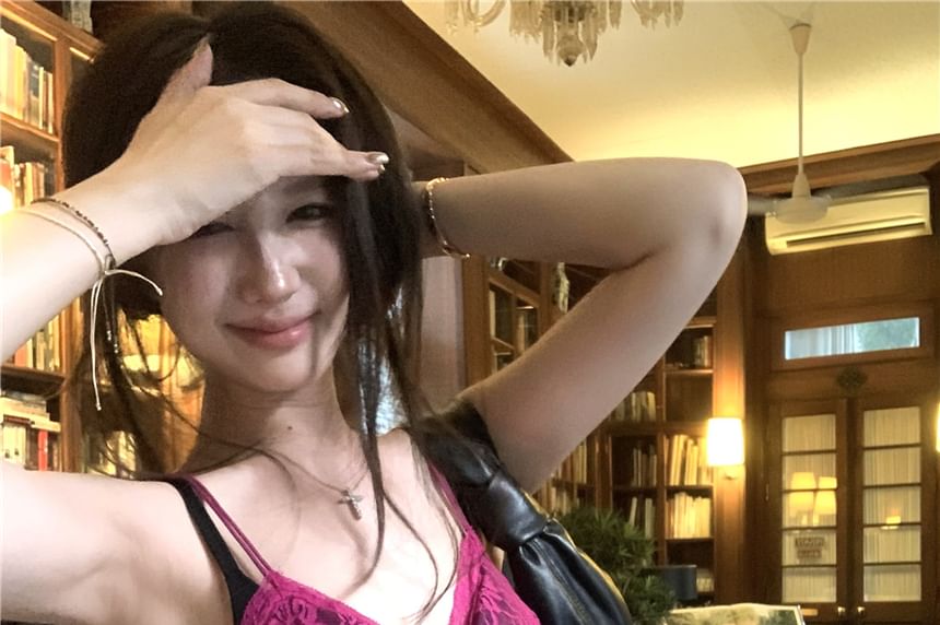 Lace Camisole Bow Plain V-Neck Top