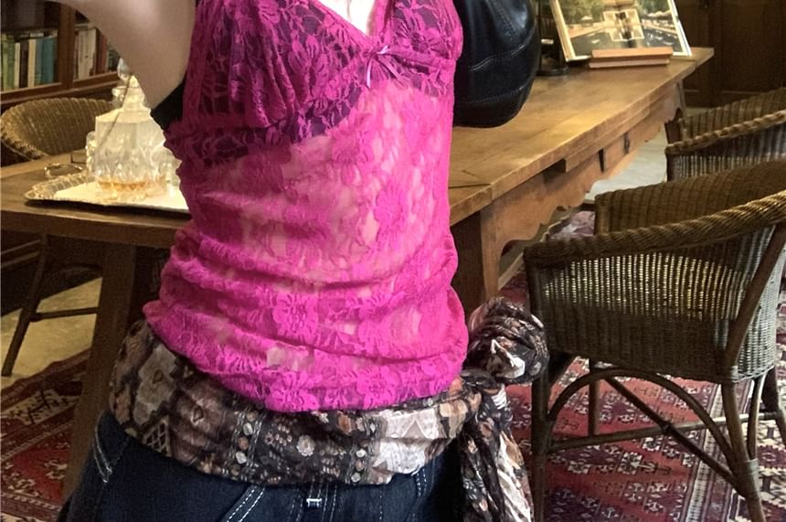 Lace Camisole Bow Plain V-Neck Top