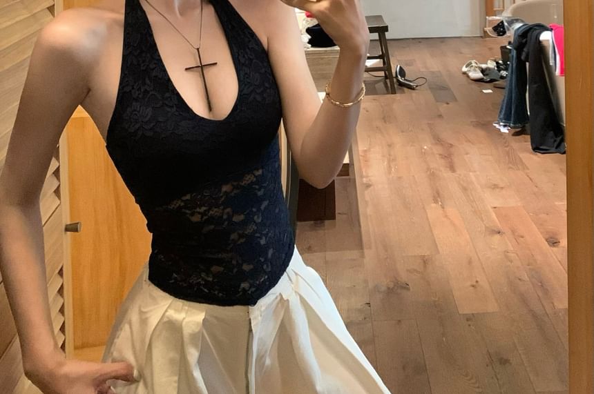 Lace High / Leg Pants Wide Halter Top Waist Plain