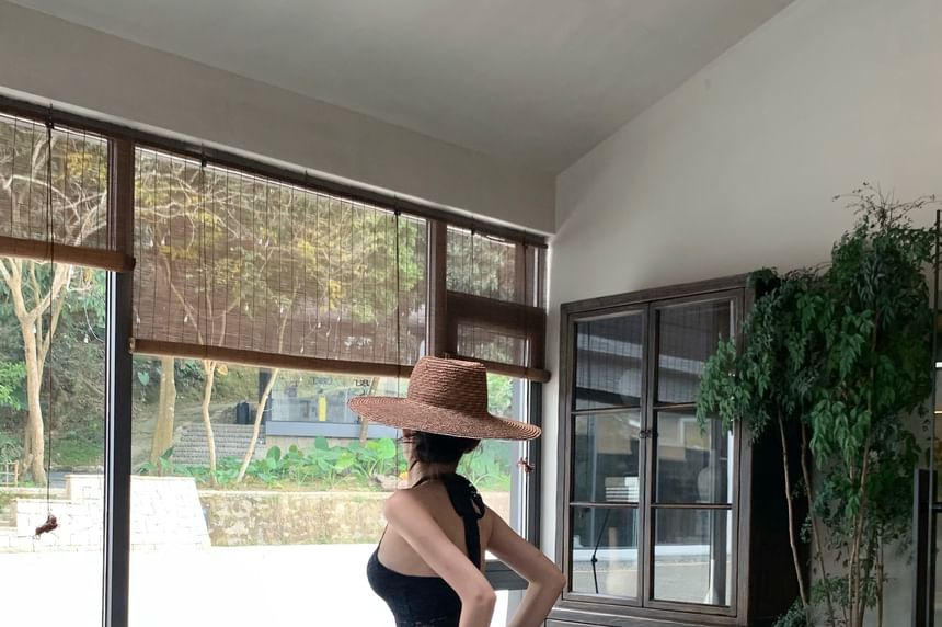 Lace High / Leg Pants Wide Halter Top Waist Plain