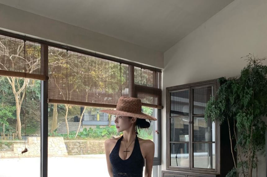 Lace High / Leg Pants Wide Halter Top Waist Plain