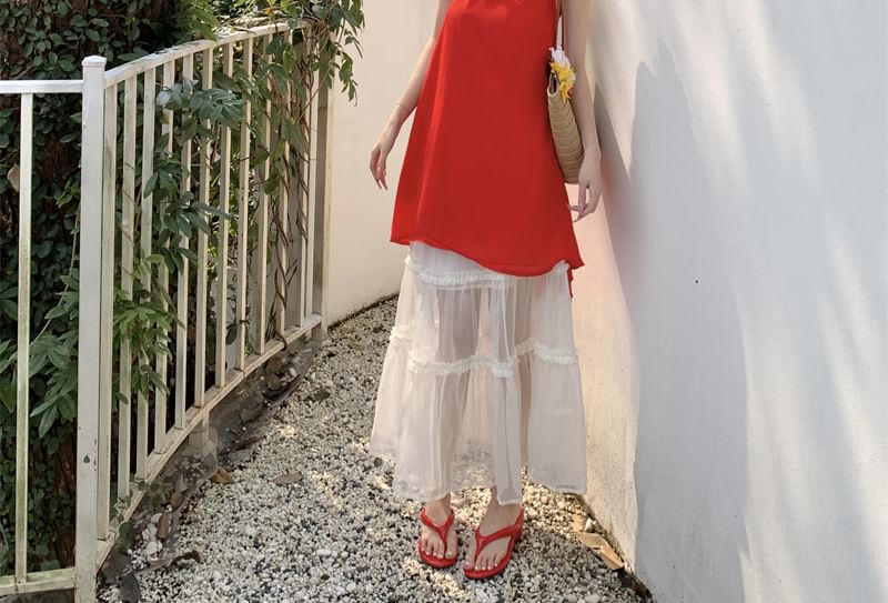 High Maxi Rise Halter Mesh Plain Dress A-Line Mini / Tiered Skirt