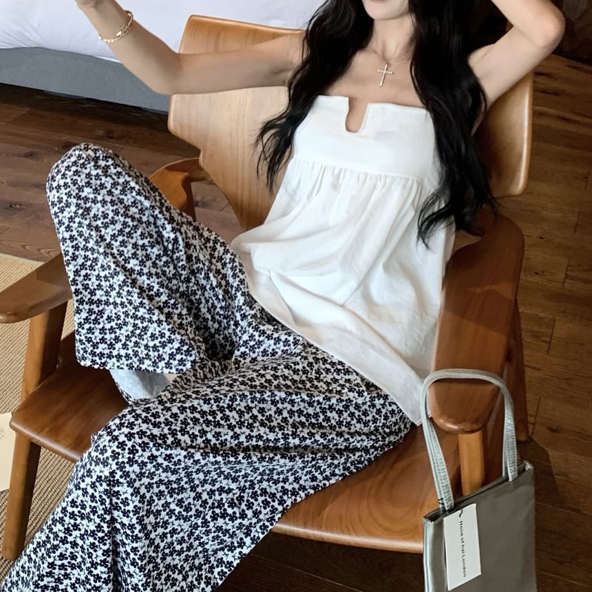 Notch Leg Wide Print Neck / Plain High Top Camisole Waist Pants Floral