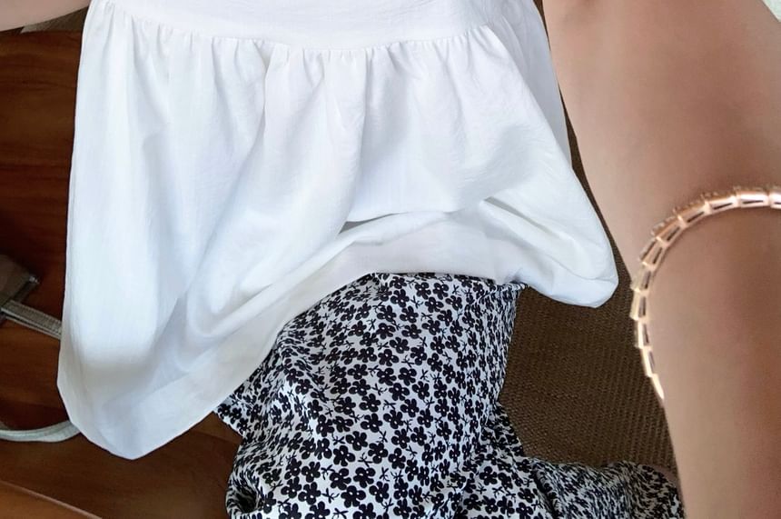 Notch Leg Wide Print Neck / Plain High Top Camisole Waist Pants Floral