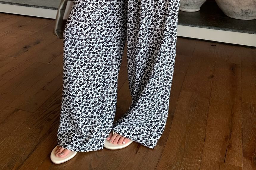 Notch Leg Wide Print Neck / Plain High Top Camisole Waist Pants Floral