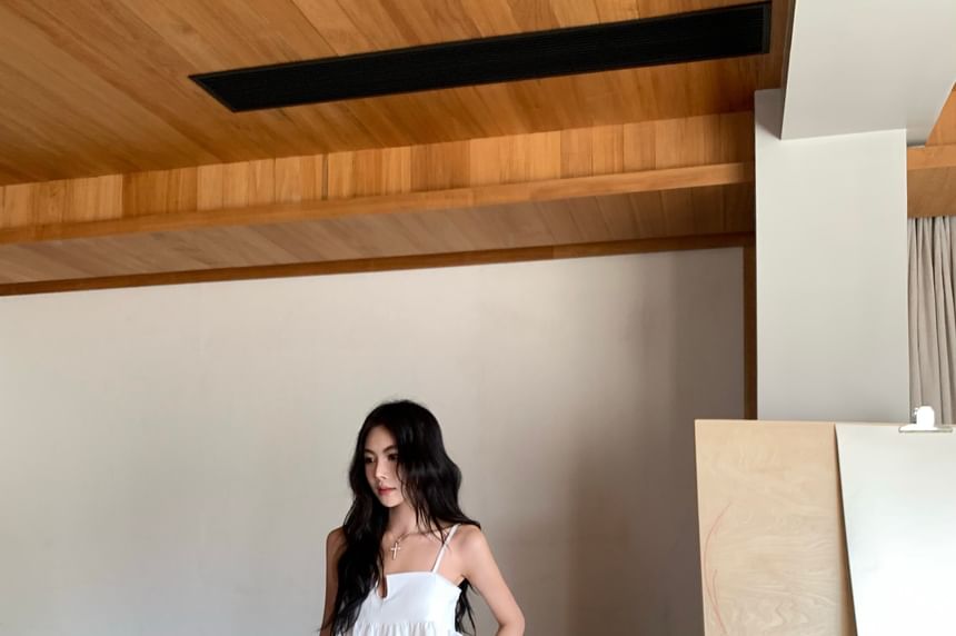 Notch Leg Wide Print Neck / Plain High Top Camisole Waist Pants Floral