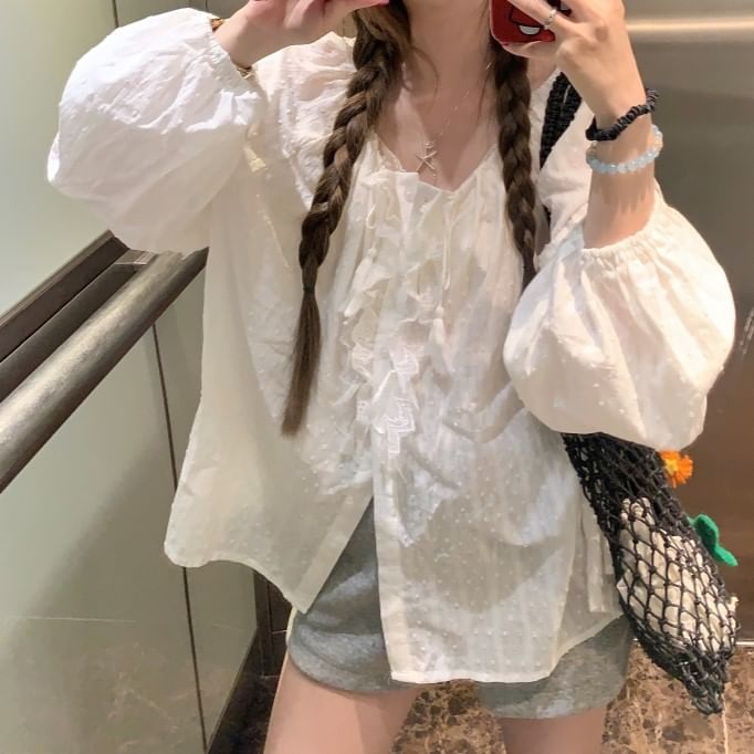 Long Sleeve Plain Ruffle Round Neck Blouse