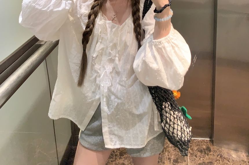 Long Sleeve Plain Ruffle Round Neck Blouse