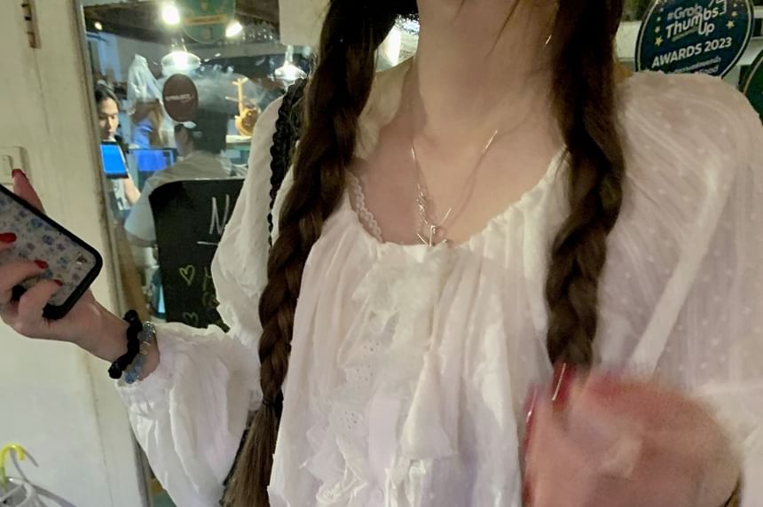 Long Sleeve Plain Ruffle Round Neck Blouse