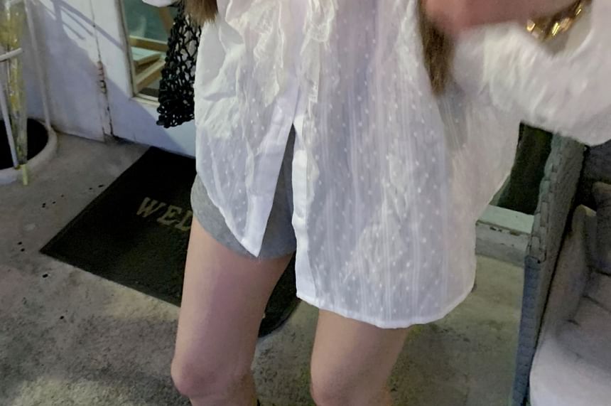 Long Sleeve Plain Ruffle Round Neck Blouse