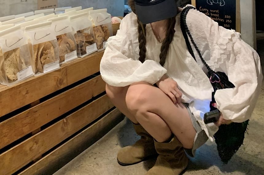 Long Sleeve Plain Ruffle Round Neck Blouse