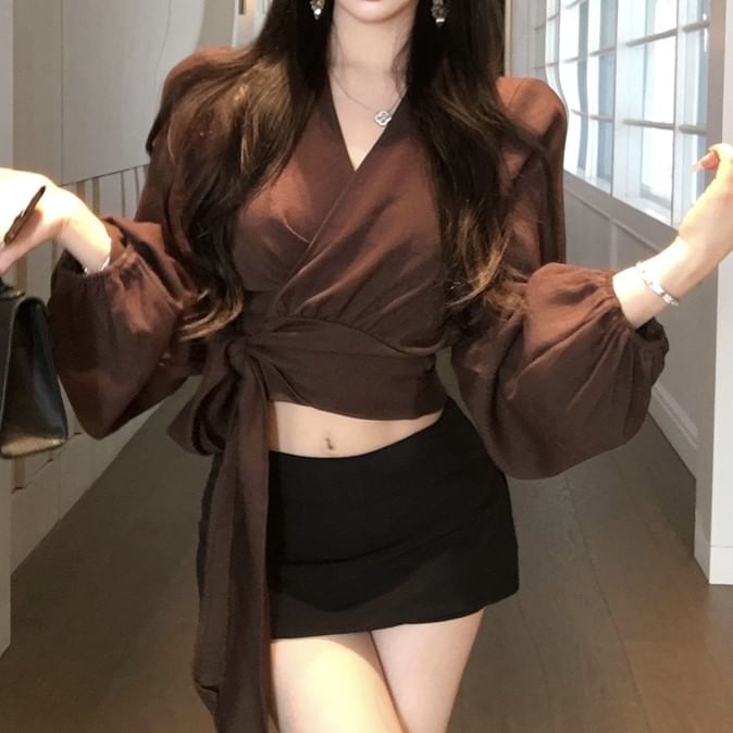 Plain Long Sleeve V-Neck Blouse Crop Wrap