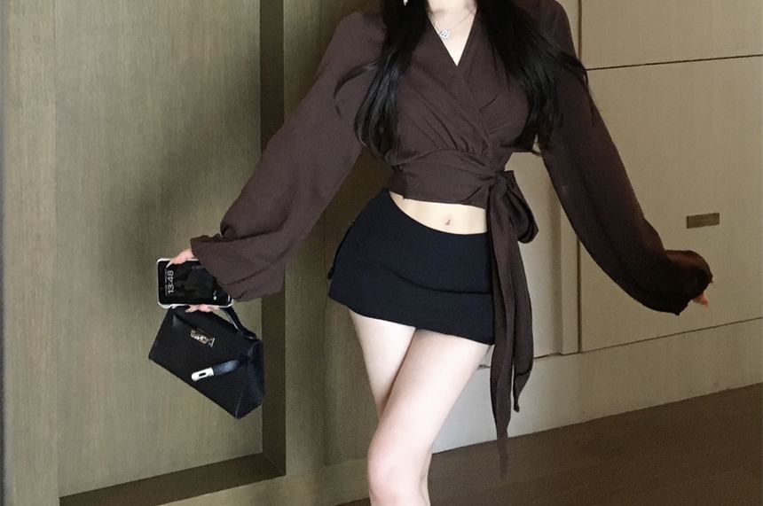Plain Long Sleeve V-Neck Blouse Crop Wrap