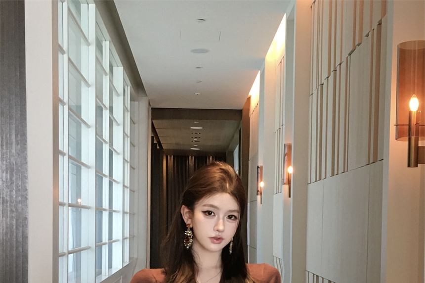 Plain Long Sleeve V-Neck Blouse Crop Wrap