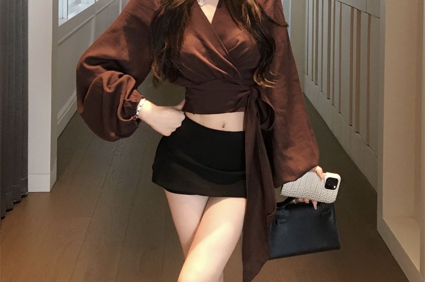 Plain Long Sleeve V-Neck Blouse Crop Wrap