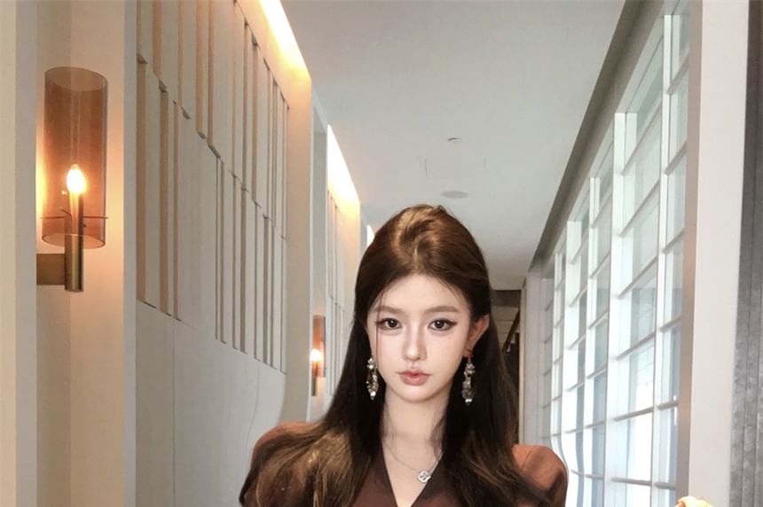 Plain Long Sleeve V-Neck Blouse Crop Wrap