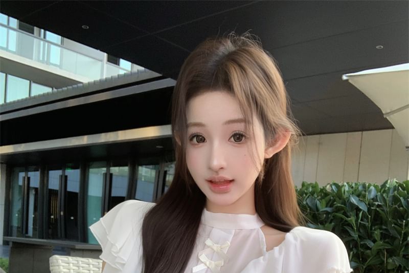 Maxi Neck Ruffle Blouse Rise Fishtail / Bow Cap Skirt Sleeve Panel Plain High Mock