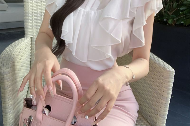 Maxi Neck Ruffle Blouse Rise Fishtail / Bow Cap Skirt Sleeve Panel Plain High Mock