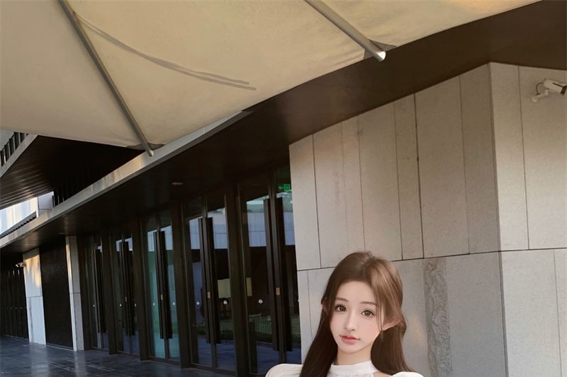 Maxi Neck Ruffle Blouse Rise Fishtail / Bow Cap Skirt Sleeve Panel Plain High Mock