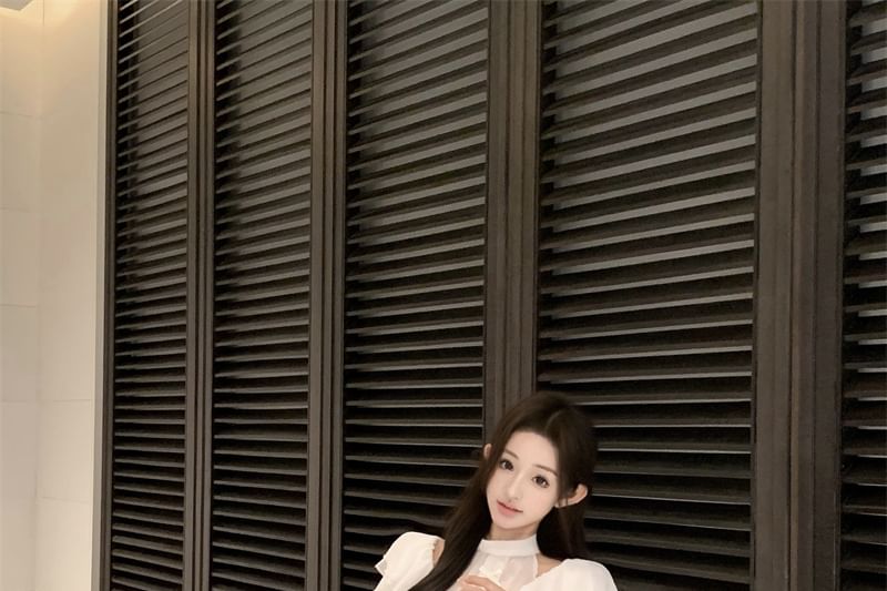 Maxi Neck Ruffle Blouse Rise Fishtail / Bow Cap Skirt Sleeve Panel Plain High Mock